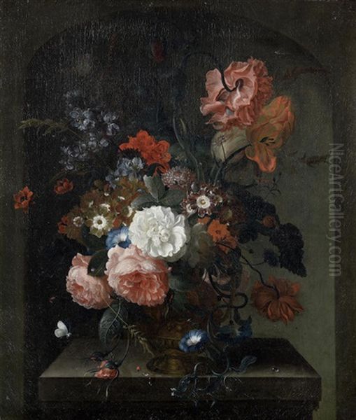 Roses, Convolvulus, Auricula And Other Flowers In A Bronze Urn, In A Stone Niche; And (2) - view 1