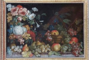 Bouquet De Fleurs Et Panier De Fruits Sur Un Entablement by Louis Tessier