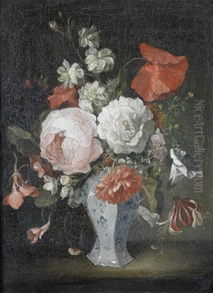 Roses, Poppies, Honeysuckle And Other Flowers In A Porcelain Vase On A Table-top - view 1