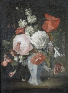 Roses, Poppies, Honeysuckle And Other Flowers In A Porcelain Vase On A Table-top