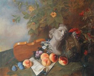 Nature Morte Aux Peches, Raisins Buste, Violon Et Partition