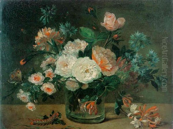 Stil Life Of Flowers In A Glass Vase With A Caterpillar All Resting On A Ledge - view 1