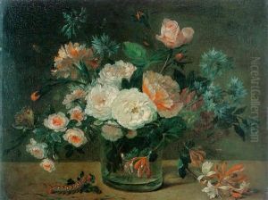 Stil Life Of Flowers In A Glass Vase With A Caterpillar All Resting On A Ledge