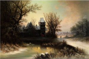 Romantische Winterlandschaft Mit Gotischem Schloss Unter Baumen