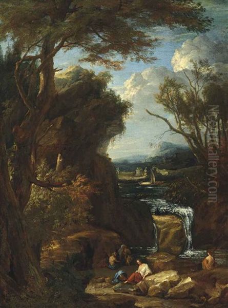 An Italianate River Landscape With Figures Bathing And A Temple In The Background - view 1