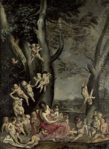 Caritas In Einer Landschaft Mit Hohen Baumen by Pietro Testa