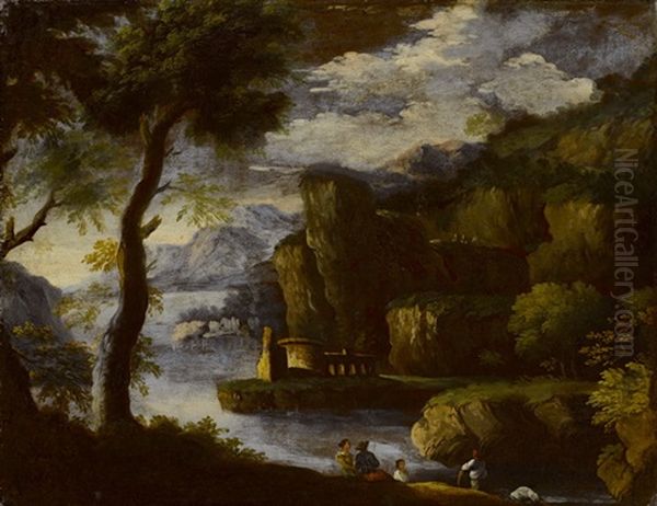 Arkadische Landschaft Mit See Und Figurenstaffage - view 1