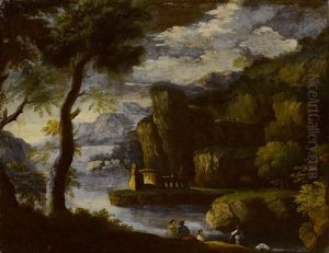 Arkadische Landschaft Mit See Und Figurenstaffage