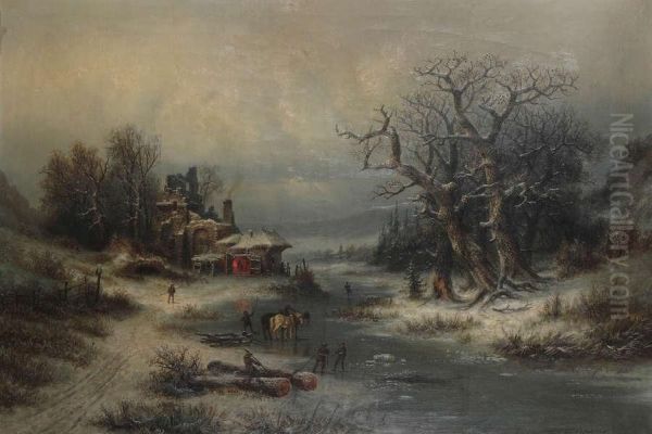 Bevroren Rivierlandschap Methouthakkers En Paarden Bij Vervallen Burcht. - view 1