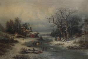 Bevroren Rivierlandschap Methouthakkers En Paarden Bij Vervallen Burcht. by Adolf Bredow