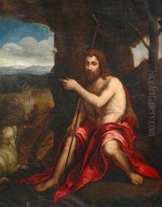 Saint John The Baptist Gesturing Toward A Scene Of The Baptism Of Christ by Pietro Testa