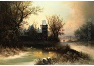 Romantisches Schloss Unter Baumen Am Winterlichen Waldrand Vor Einem Zugefrorenen Teich by Adolf Bredow