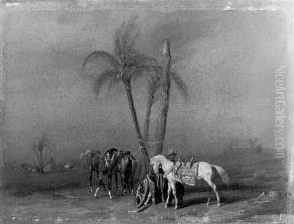 An Arab Saddling A Horse - view 1