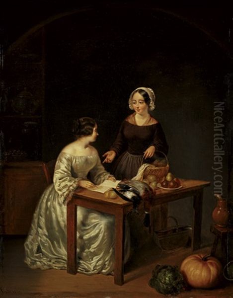 Kucheninterieur Mit Einer Dame Im Kleid Aus Weiser Atlasseide Und Ihrer Magd Im Gespach - view 1
