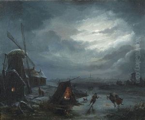View Of A Frozen Landscape At Night by Jan Baptiste Tetar van Elven