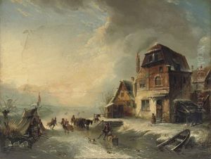 Skating On The Ice On A Winter's Day by Jan Baptiste Tetar van Elven