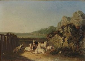 Ziegenherde In Sudlicher Landschaft Mit See Und Hugeligem Horizont by Joseph Eduard Tetar van Elven