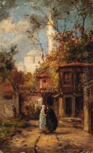 Blick Auf Einen Garten Mit Zwei Sich Unterhaltenden, Verschleierten Frauen. Im Hintergrund Eine Weise Moschee