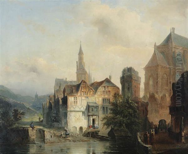 Capriccio D'une Ville En Allemagne Ou France (vannes?) Avec Maisons, Tour D'une Forteresse Et Vue Partielle D'une Cathedrale, Anime D'un Pecheur Sur Un Mur, D'un Enfant Jouant Avec Un Petit Bateau Et De Figures Pres D'une Caros - view 1
