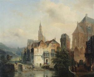 Capriccio D'une Ville En Allemagne Ou France (vannes?) Avec Maisons, Tour D'une Forteresse Et Vue Partielle D'une Cathedrale, Anime D'un Pecheur Sur Un Mur, D'un Enfant Jouant Avec Un Petit Bateau Et De Figures Pres D'une Caros