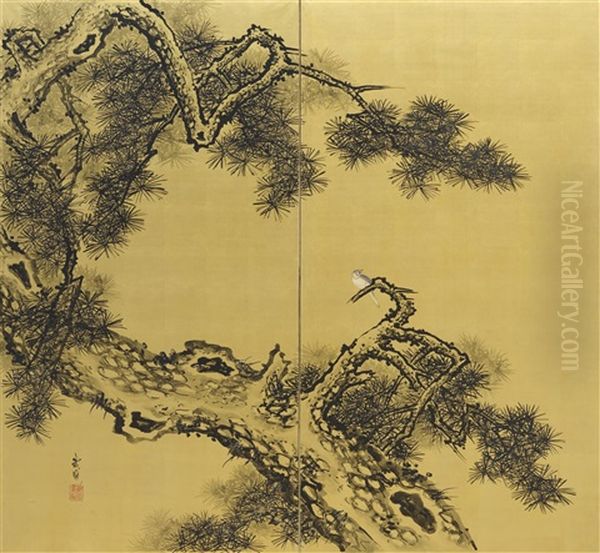 A Two-panel Screen Depicting A Pine Tree With A Bird On A Branch - view 1