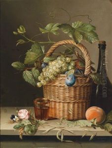 Stillleben Mit Weidenkorb, Fruchten Und Einer Rose by Moritz Tettelbach