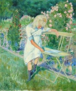 Garden In Flower With Reading Girl On A Bench