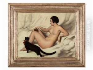 Female Nude With Cat by Karoly Teuchert