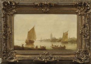 Hollandische Landschaft Mit Fischerbooten In Hafen Vor Stadtsilhouette by Franz-Joseph (Weber) Textor