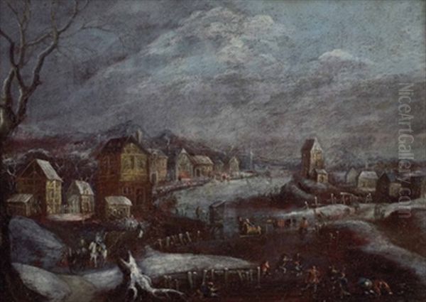 Das Eisvergnugen Vor Verschneiter Dorflandschaft - view 1