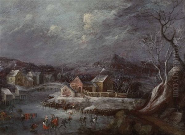 Das Eisvergnugen Vor Verschneiter Dorflandschaft - view 1