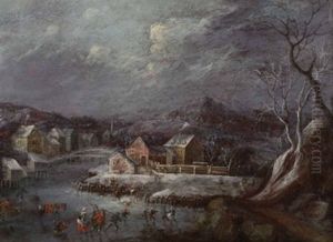 Das Eisvergnugen Vor Verschneiter Dorflandschaft by Franz-Joseph (Weber) Textor