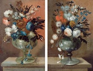 Zwei Blumenstrause In Glasernen Vasen, Gegenstucke by Franz-Joseph (Weber) Textor