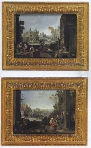 Blick In Ein Dorf Mit Einer Markt- Und Wirtshausszene, Im Hintergrund Zechende Bauern Vor Einem Wirtshaus by Franz-Joseph (Weber) Textor