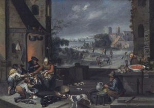Marktszene Mit Wildbret- Und Obstverkaufern Sowie Ausblick In Eine Landschaft by Franz-Joseph (Weber) Textor