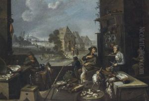 Marktszene Mit Wildbretverkaufern Und Ausblick In Ein Landschaft by Franz-Joseph (Weber) Textor