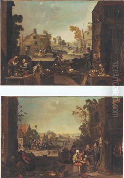 Paysans Attables Devant Une Rue Animee - view 1