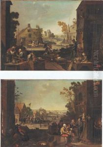 Paysans Attables Devant Une Rue Animee by Franz-Joseph (Weber) Textor