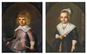 Portrait Of A Young Boy Holding A Hat; Portrait Of A Young Girl Holding A Flower (pair) by Jan Van Teylingen