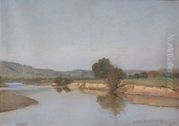 River Landscape, With Clear Blue Sky (possibly France) - view 1