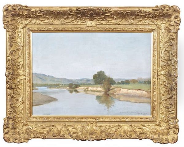River Landscape, With Clear Blue Sky (possibly France) - view 1