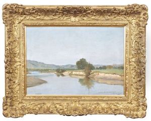 River Landscape, With Clear Blue Sky (possibly France) by Henry Jones Thaddeus
