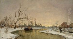 Elvelandskap Med Pram Og Gaende Kvinne Langs Bredden 1876 by Frits Thaulow
