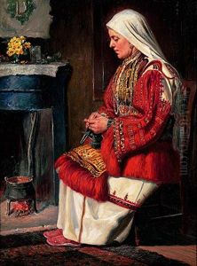Frau In Malerischer Tracht Am Offenen Kamin