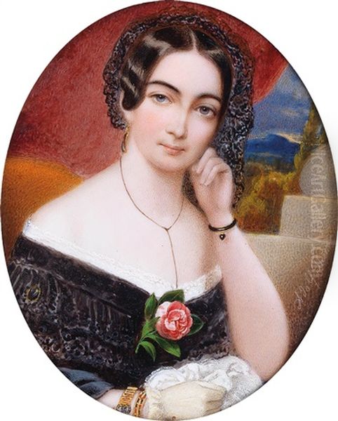 A Portrait Of A Lady With Dark Hair And A Black Lace Veil - view 1