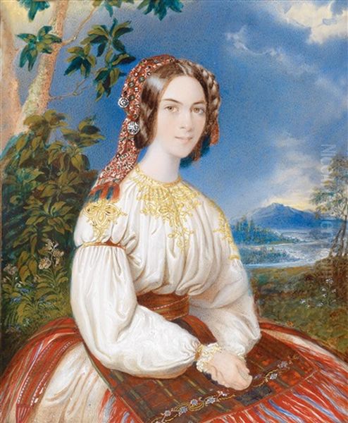 Bildnis Einer Jungen Frau In Tracht Vor Landschaftshintergrund - view 1