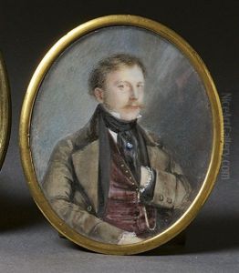 Halbportrait Eines Herrn Mit Weinroter Weste Und Braunem Gehrock Vor Grau-blauem Hintergrund by Adolf Theer