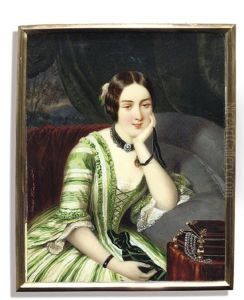 A Young Lady, In Green And White Striped Dress by Adolf Theer