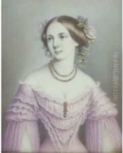 Luise Neumann, In Lace-bordered Pale Purple Dress With Ruffled Bodice And Spotted Split Sleeves, Drop Pearl Pendant Pinned At Corsage, Pearl Necklace, Drop Pearl Earring, Pink Roses In Her Hair by Adolf Theer