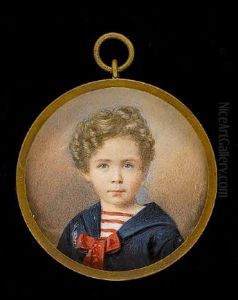 A Young Boy, Wearing Blue Jacket Tied With Wide Red Ribbon Bow Over Striped Red And White Shirt A Young Boy, Wearing Blue Jacket Tied With Wide Red Ribbon Bow Over Striped Red And White Shirt